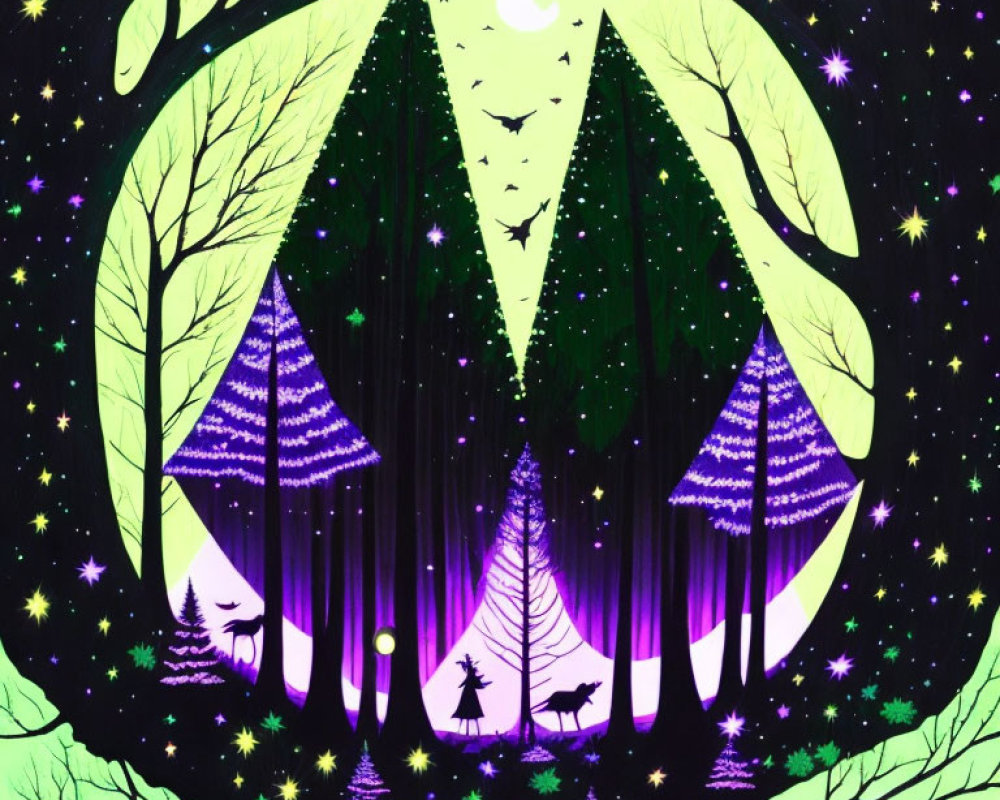 Mystical forest at night: vibrant illustration of silhouetted trees, wildlife, and star