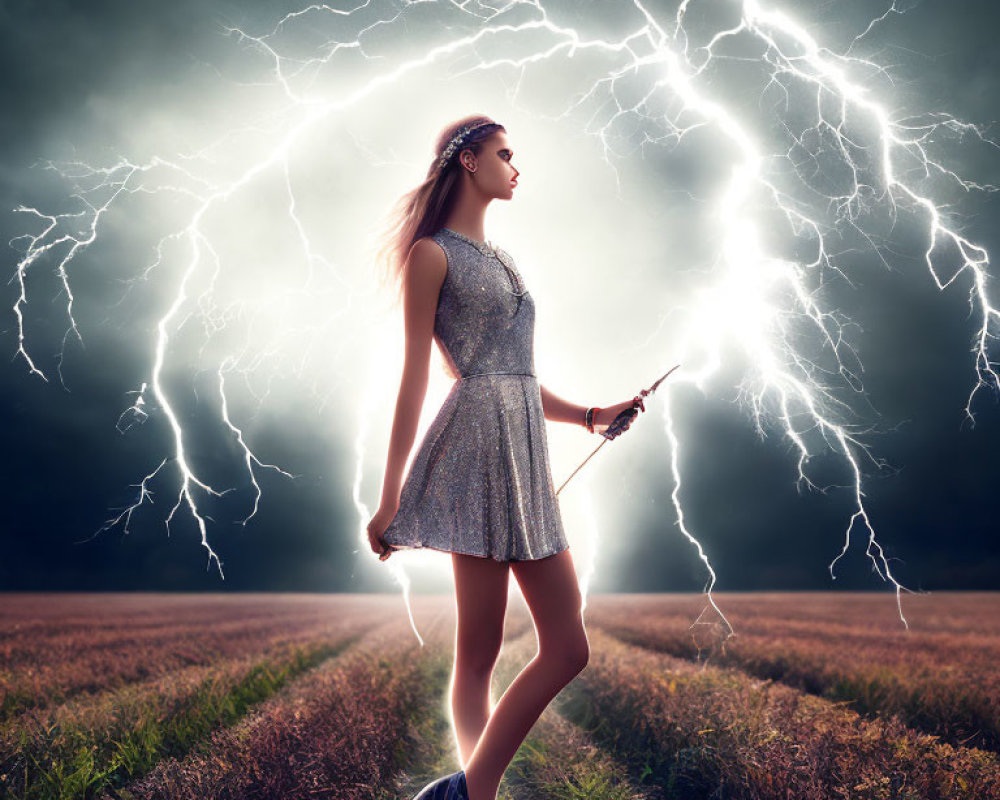 Woman in Sparkly Dress Stands in Field with Dramatic Lightning Bolts