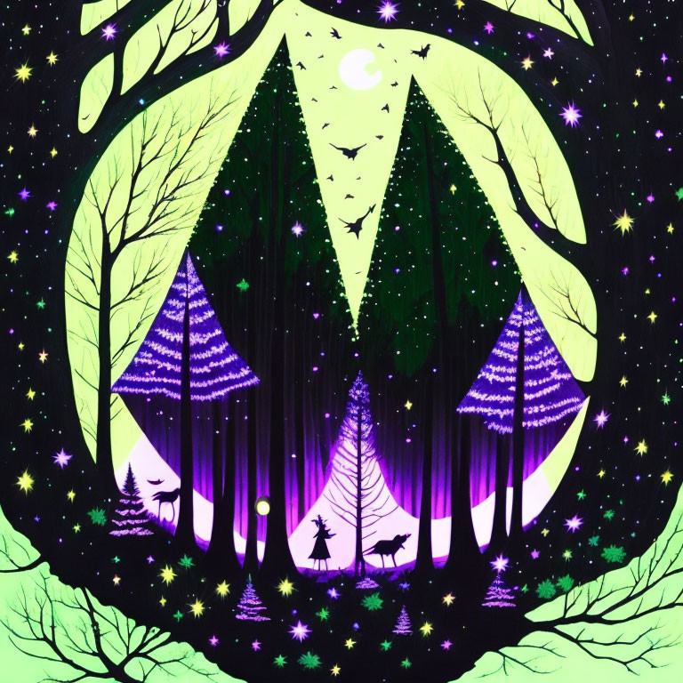 Mystical forest at night: vibrant illustration of silhouetted trees, wildlife, and star