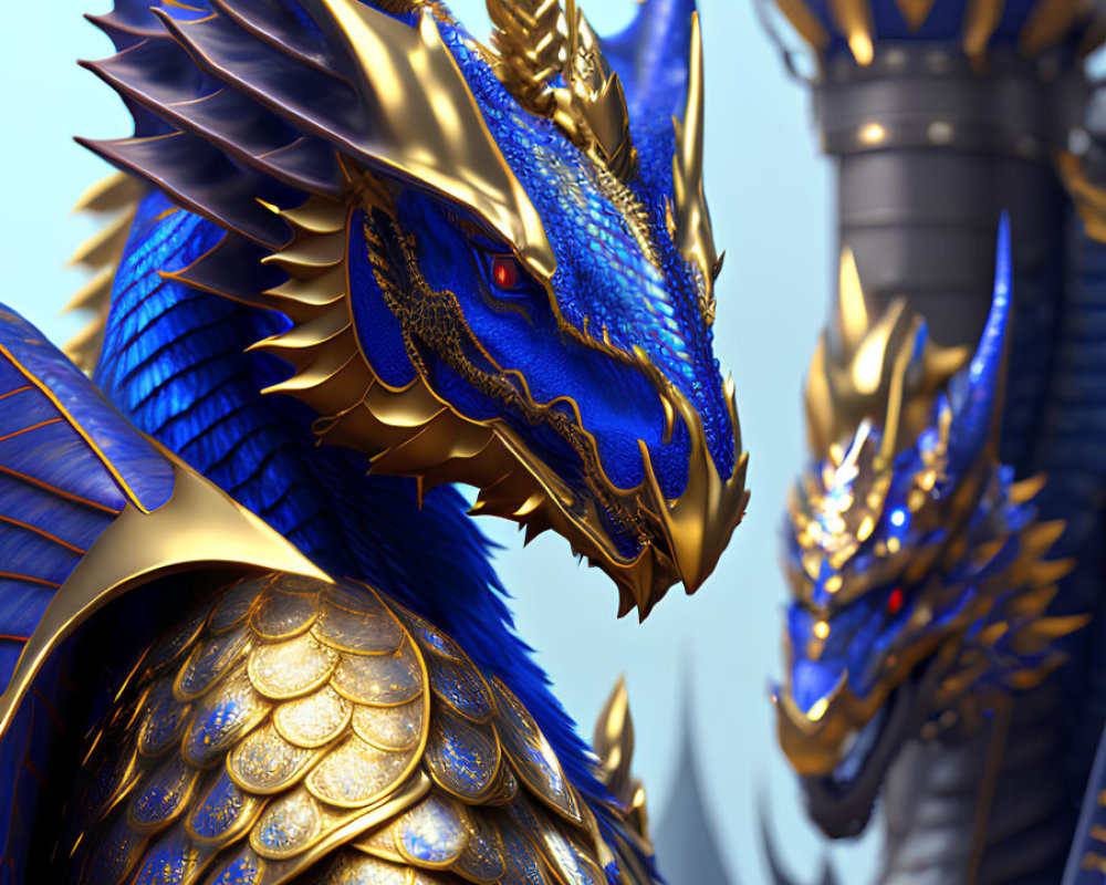Detailed image: Majestic blue and gold dragon with intricate scales, sharp horns, and red eyes