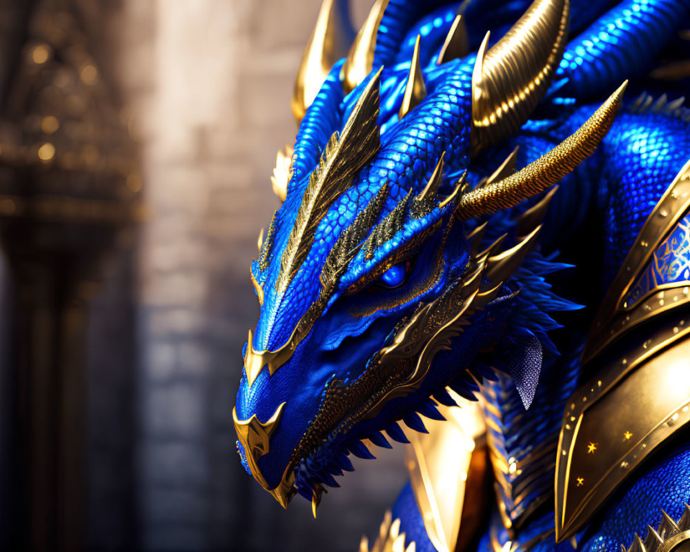Majestic blue dragon with golden accents and armored scales in medieval setting