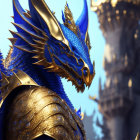 Detailed image: Majestic blue and gold dragon with intricate scales, sharp horns, and red eyes