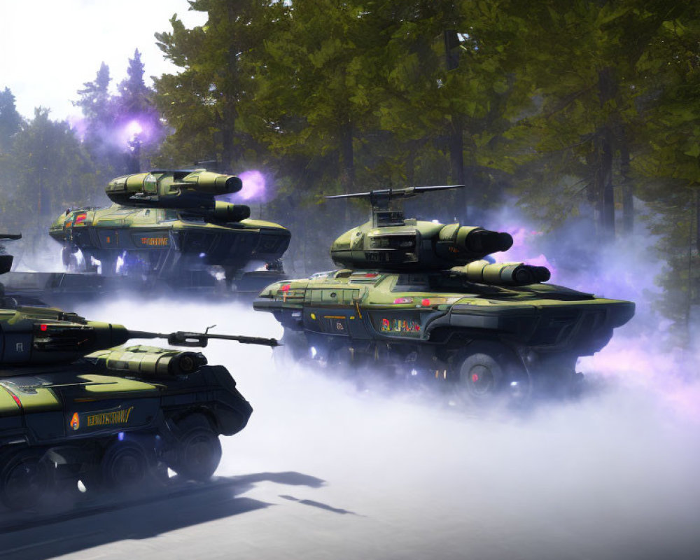 Modern Battle Tanks Advancing Through Forested Area with Smoke Layer