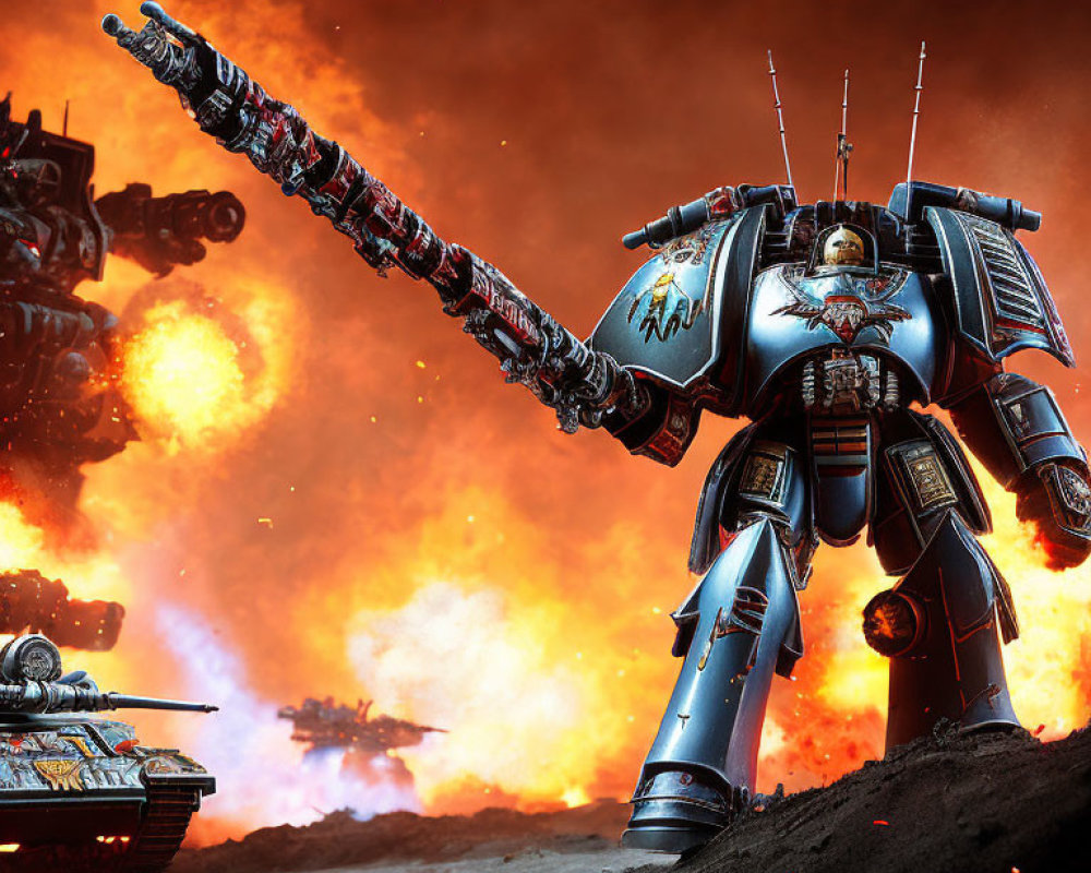 Detailed Robotic War Machine with Guns and Chain Sword on Fiery Battlefield