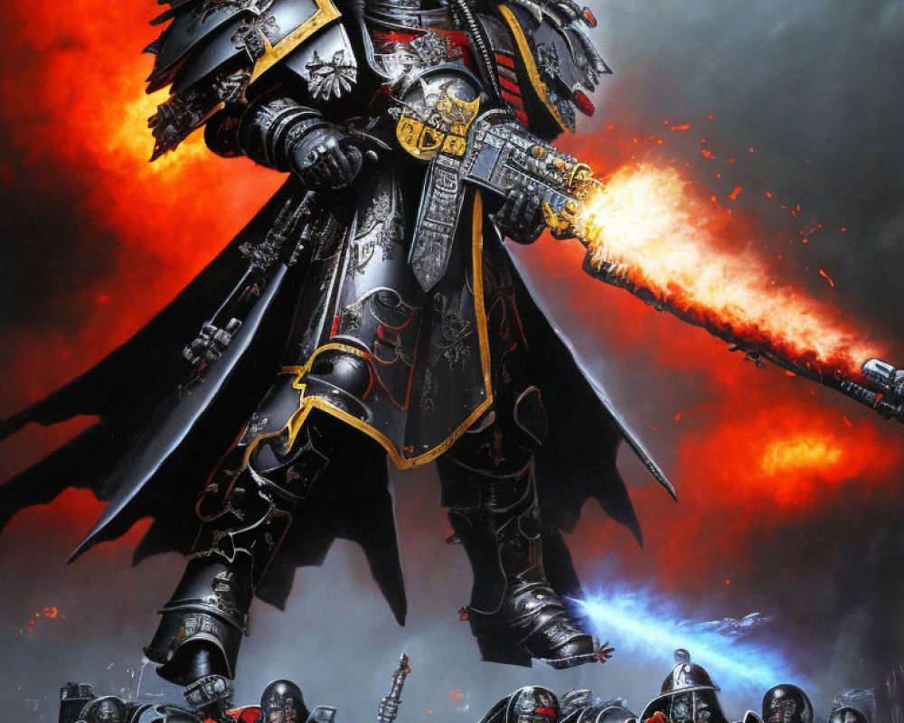 Imposing Warrior in Black and Gold Armor Amid Fiery Battle