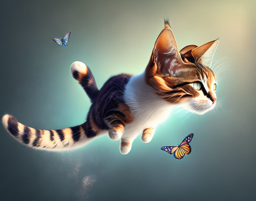 cat flying with butterfly