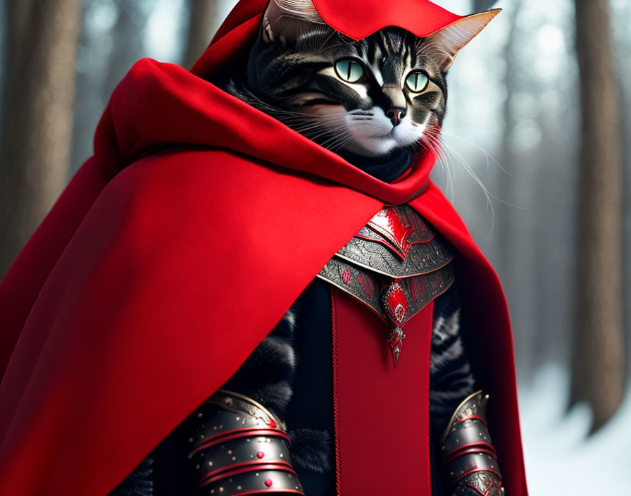 cat wearing black armor and a red cloak
