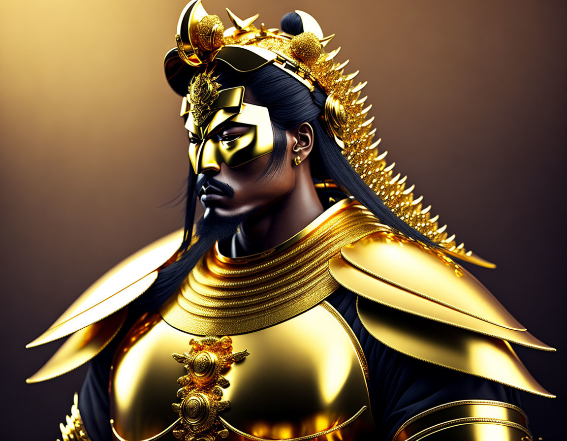Warrior 3D illustration: Ornate golden armor, black and gold helmet