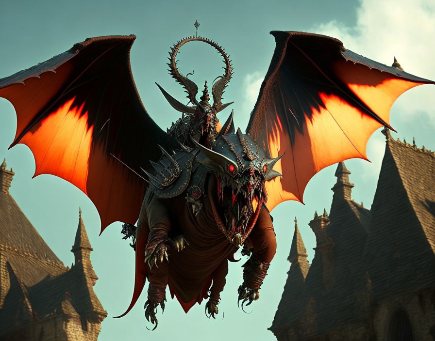 Medieval-themed dragon artwork with armored rider soaring over spires