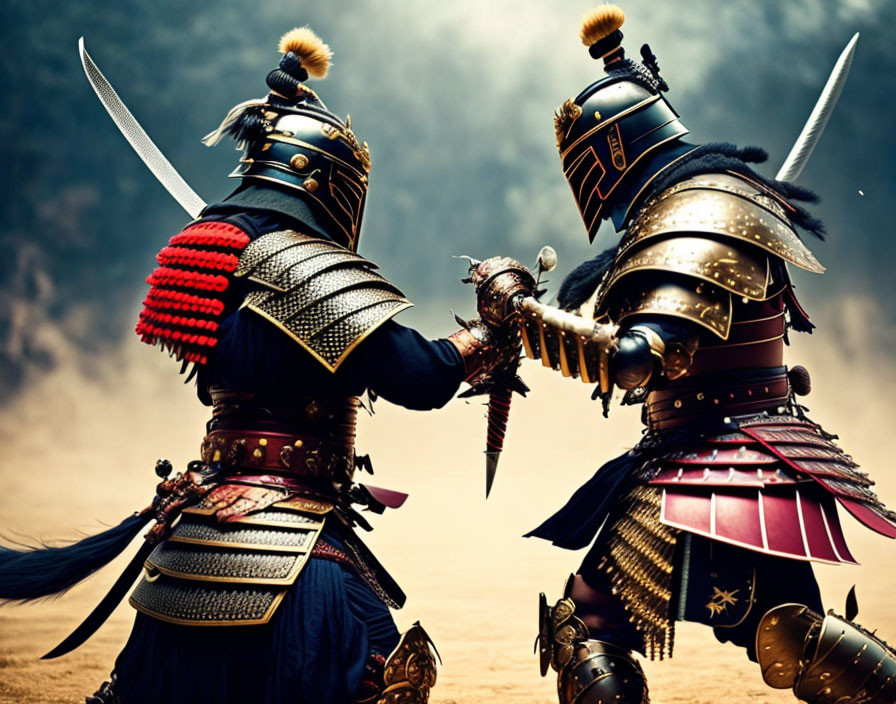 Traditional Samurai Warriors Dueling in Armor with Swords Drawn