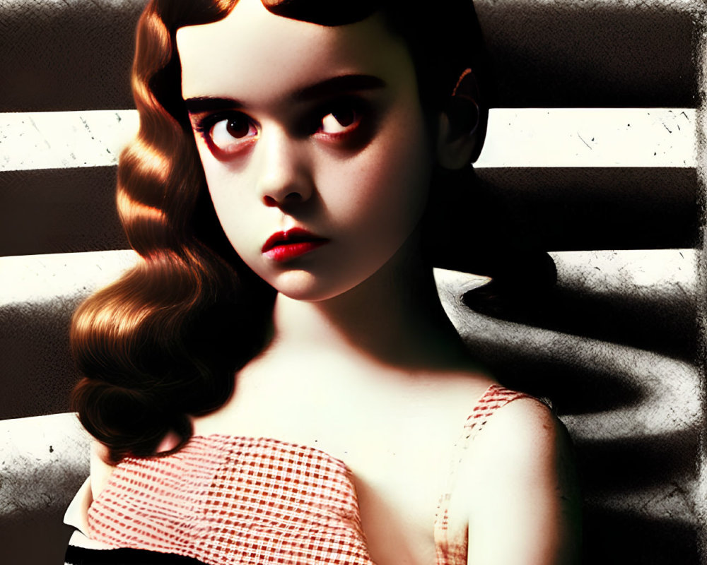 Vintage-style portrait of a girl with intense gaze against striped background and text overlay.