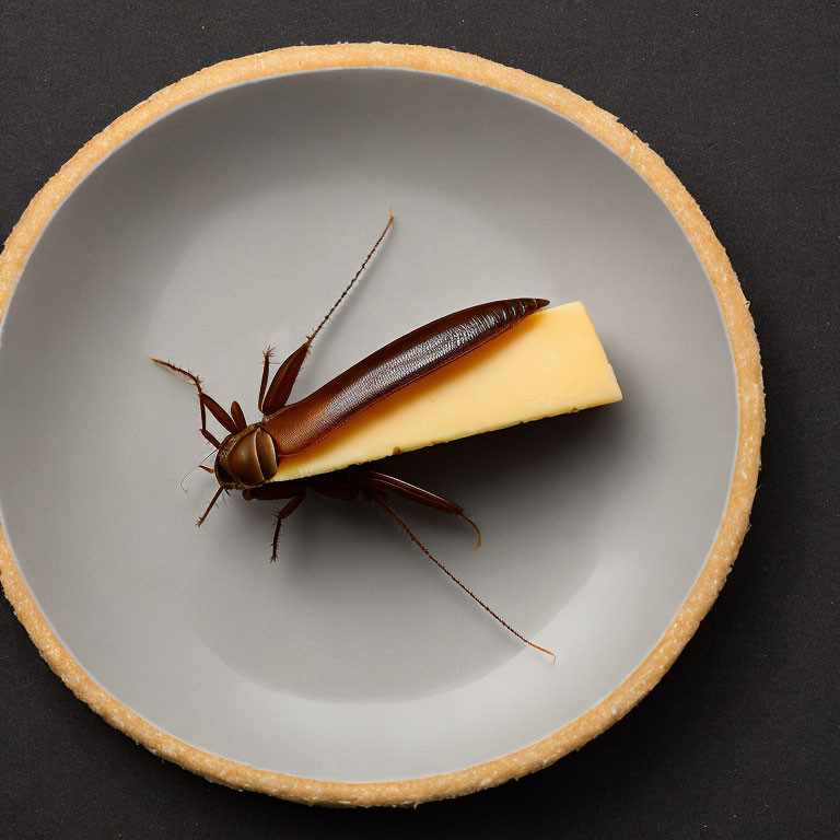 Cockroach and Cheese on Beige Plate against Black Background