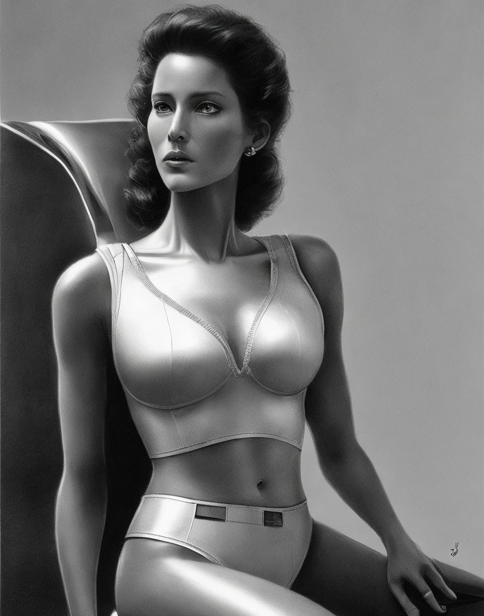 Monochrome artwork: Woman in vintage lingerie posing elegantly