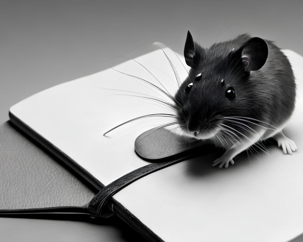 Monochrome image: Mouse coming out of notebook with mouse hole page