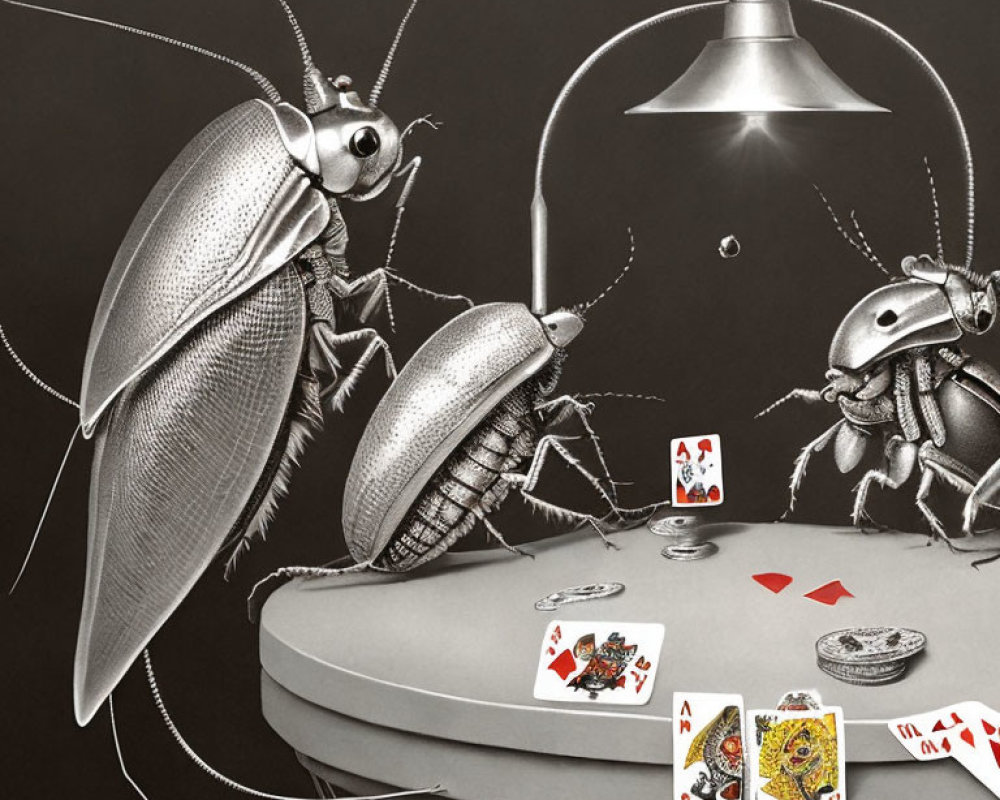 Anthropomorphic cockroaches playing poker under a lamp