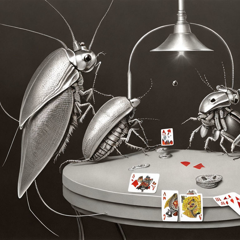 Anthropomorphic cockroaches playing poker under a lamp
