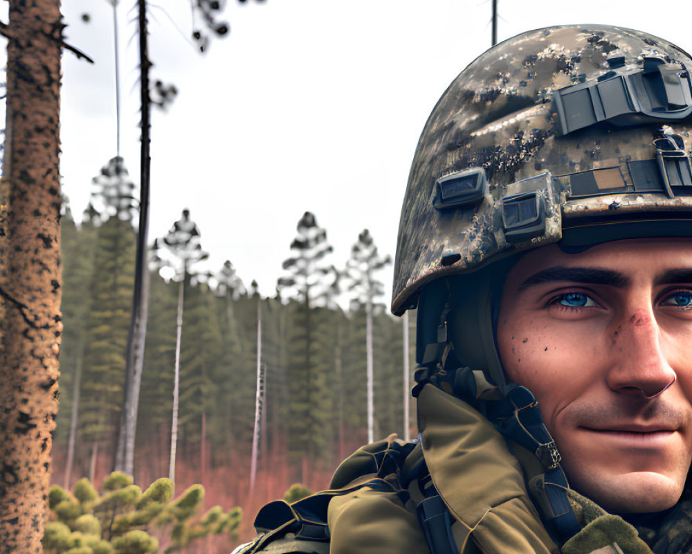 Smiling soldier in camouflage helmet in forest landscape