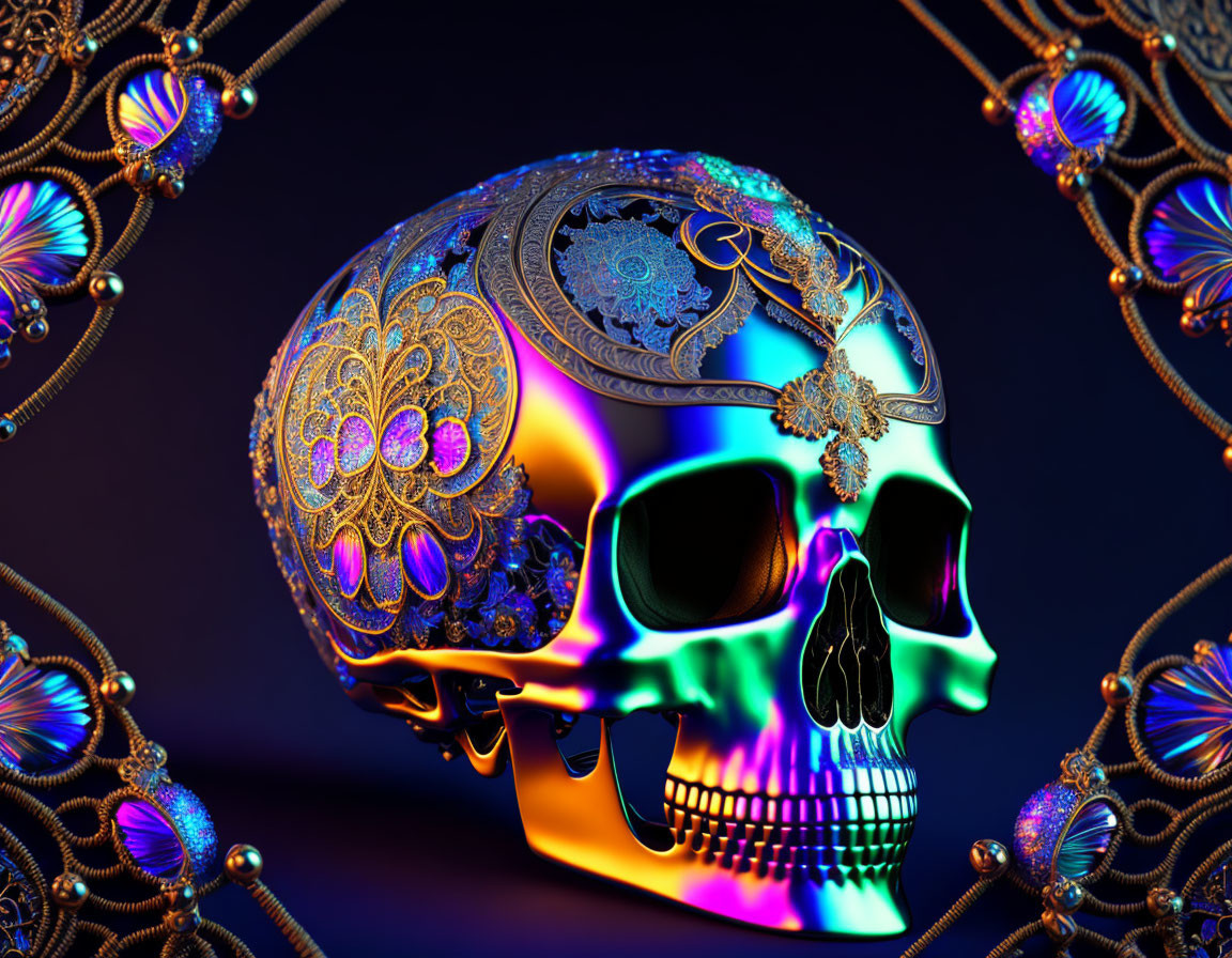 Colorful Metallic Skull with Filigree Patterns on Dark Background