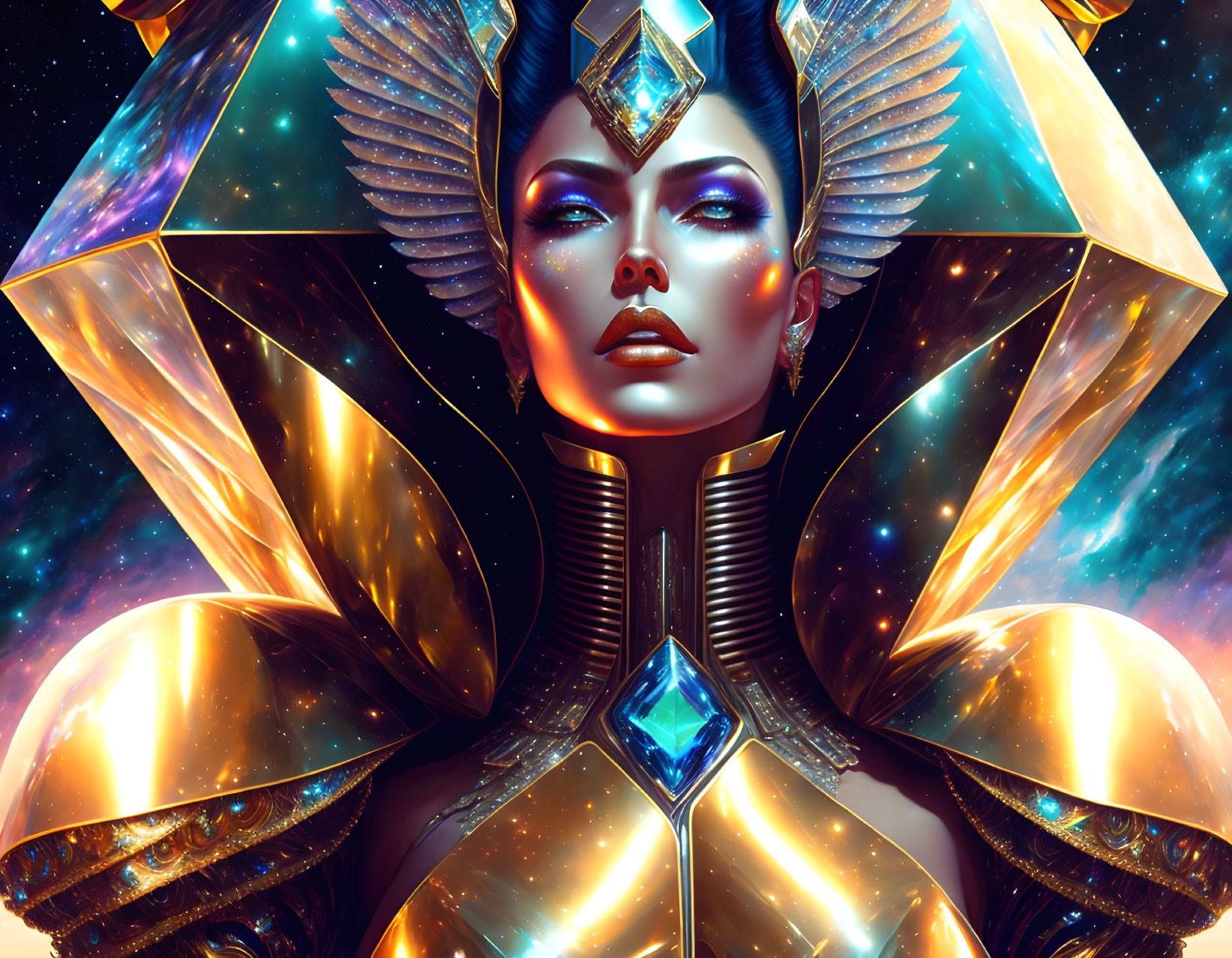 Cosmic-inspired makeup and golden armor on woman against starry backdrop