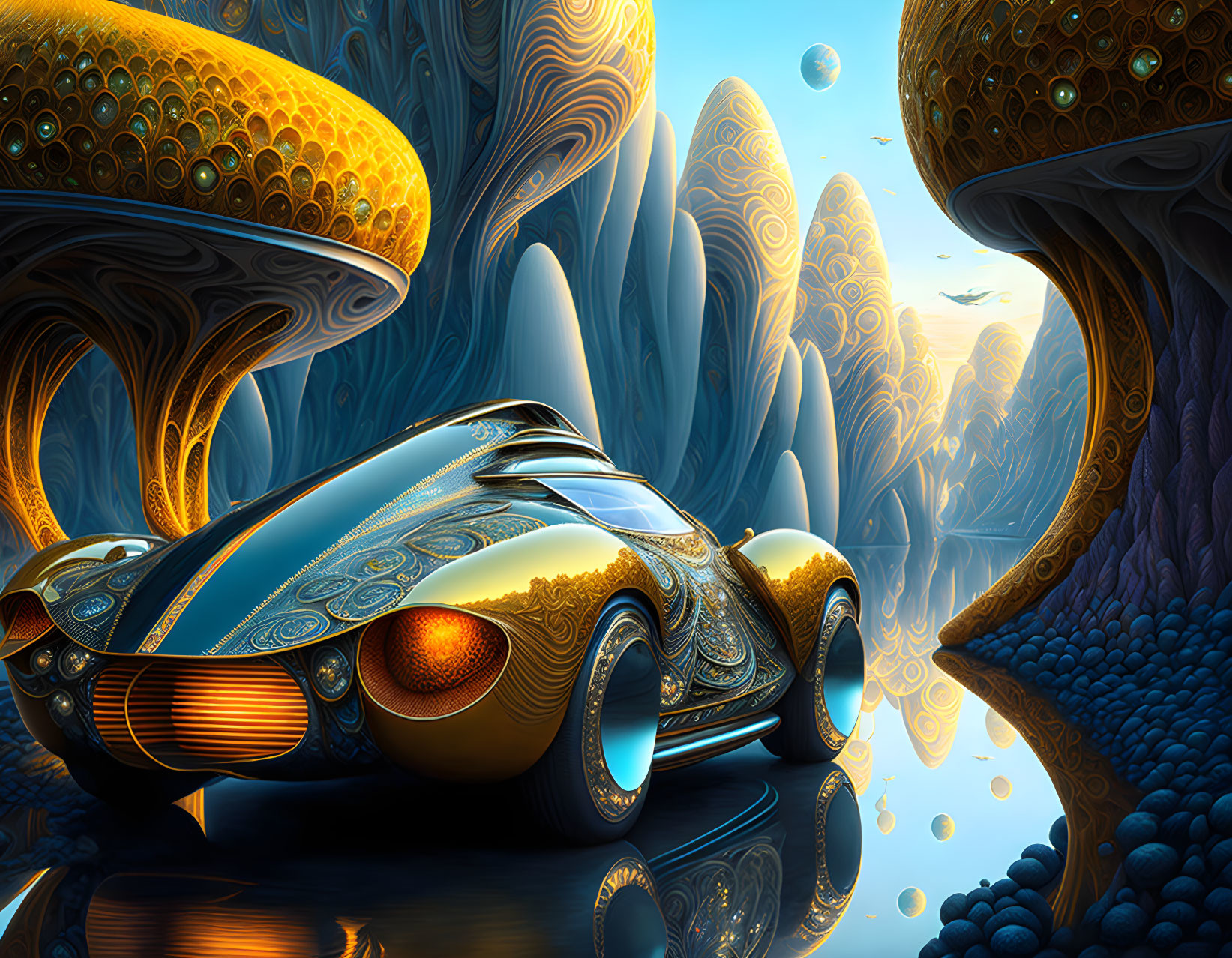 Ornate futuristic car in alien landscape with mushroom structures