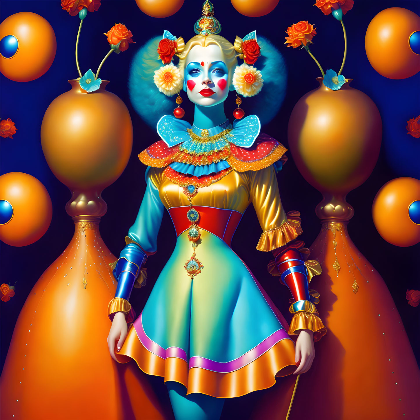 Colorful Stylized Female Figure in Ornate Costume with Blue Skin and Elaborate Headdress