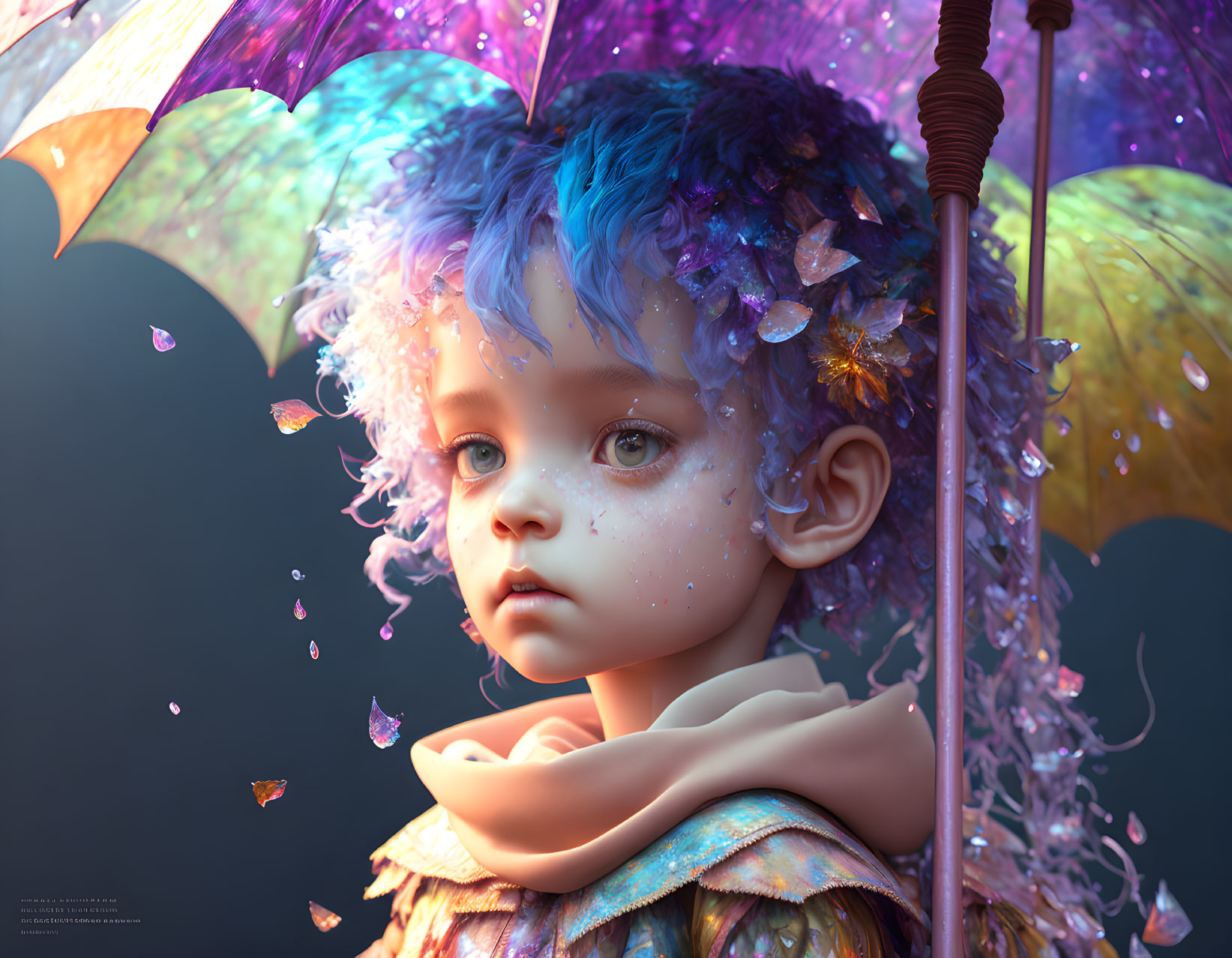 Child with Blue-Purple Hair Holding Umbrella Surrounded by Glowing Butterflies