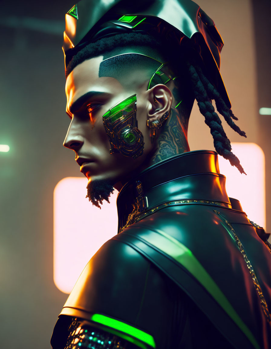 Futuristic man with cybernetic eye in black and green attire