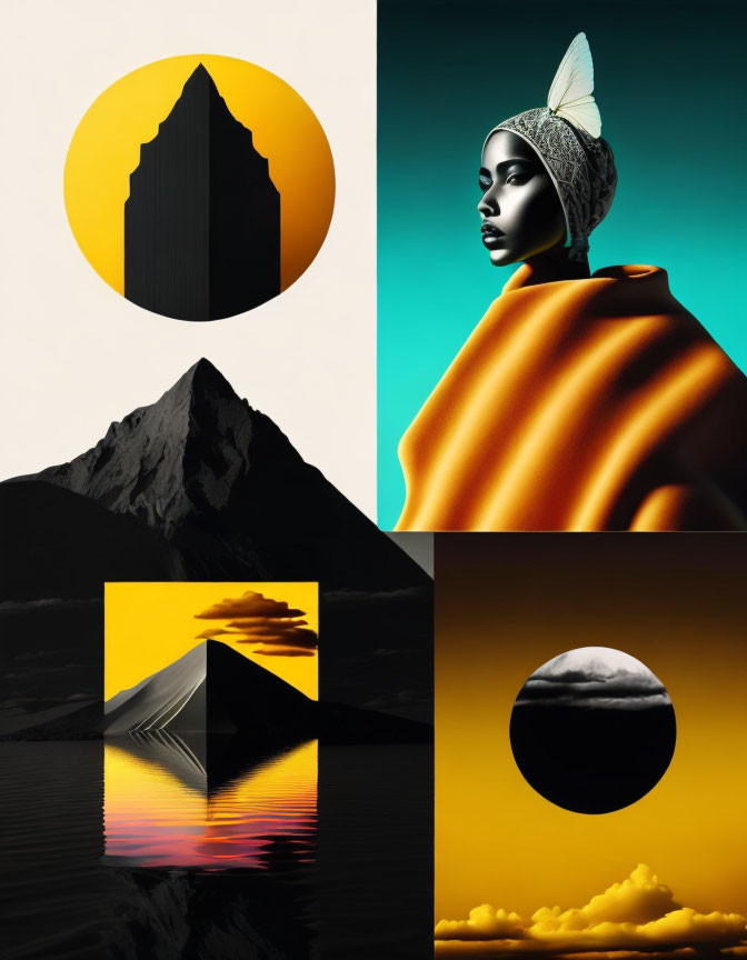 Sunset-themed collage with mountains, woman in profile, and abstract landforms.