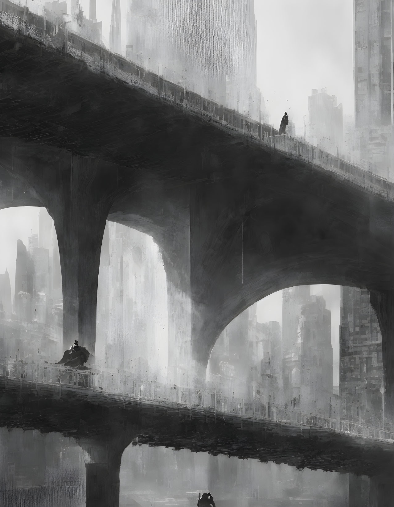 Monochromatic dystopian cityscape with bridges and isolated figures