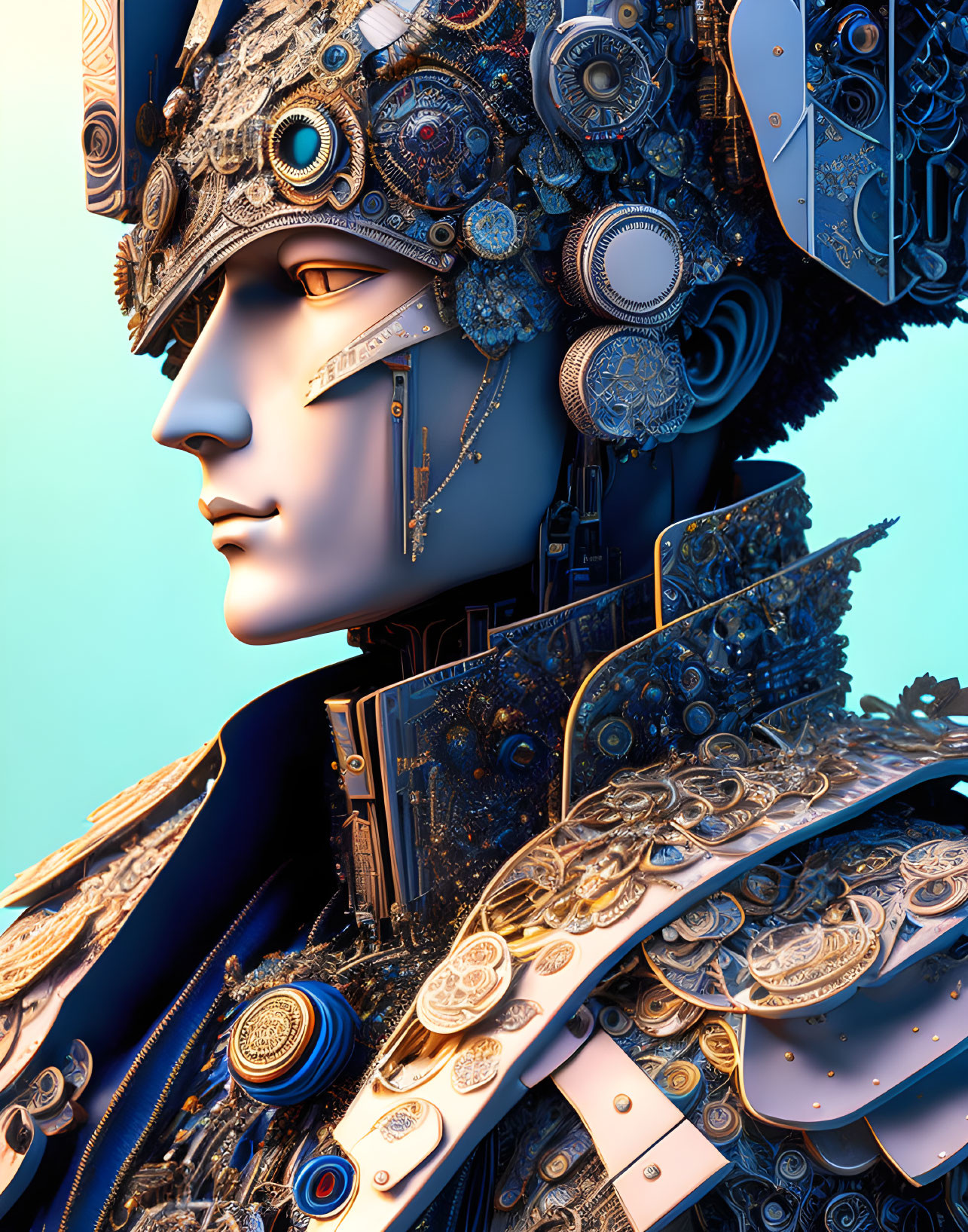 Detailed digital artwork of robotic figure with mechanical headpiece in cool blue tones