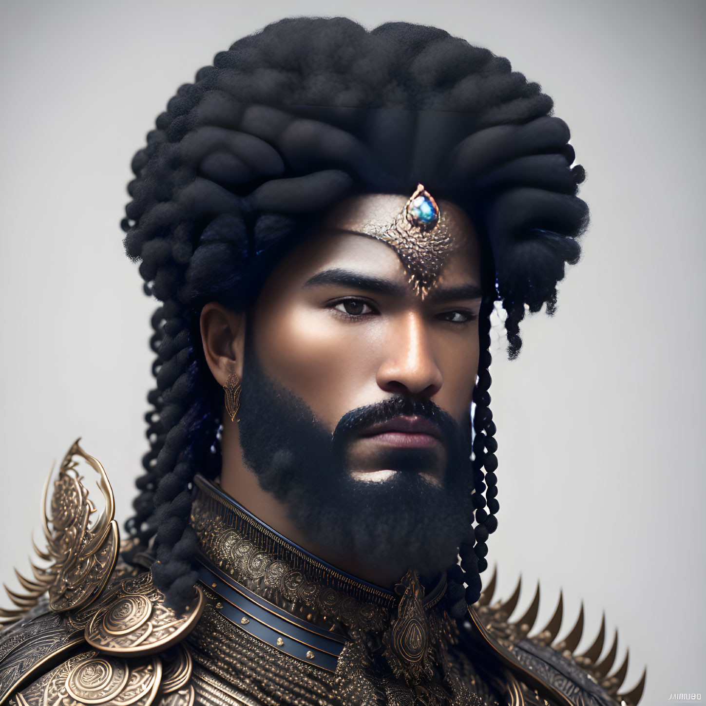 Regal man portrait with golden armor and blue gemstone