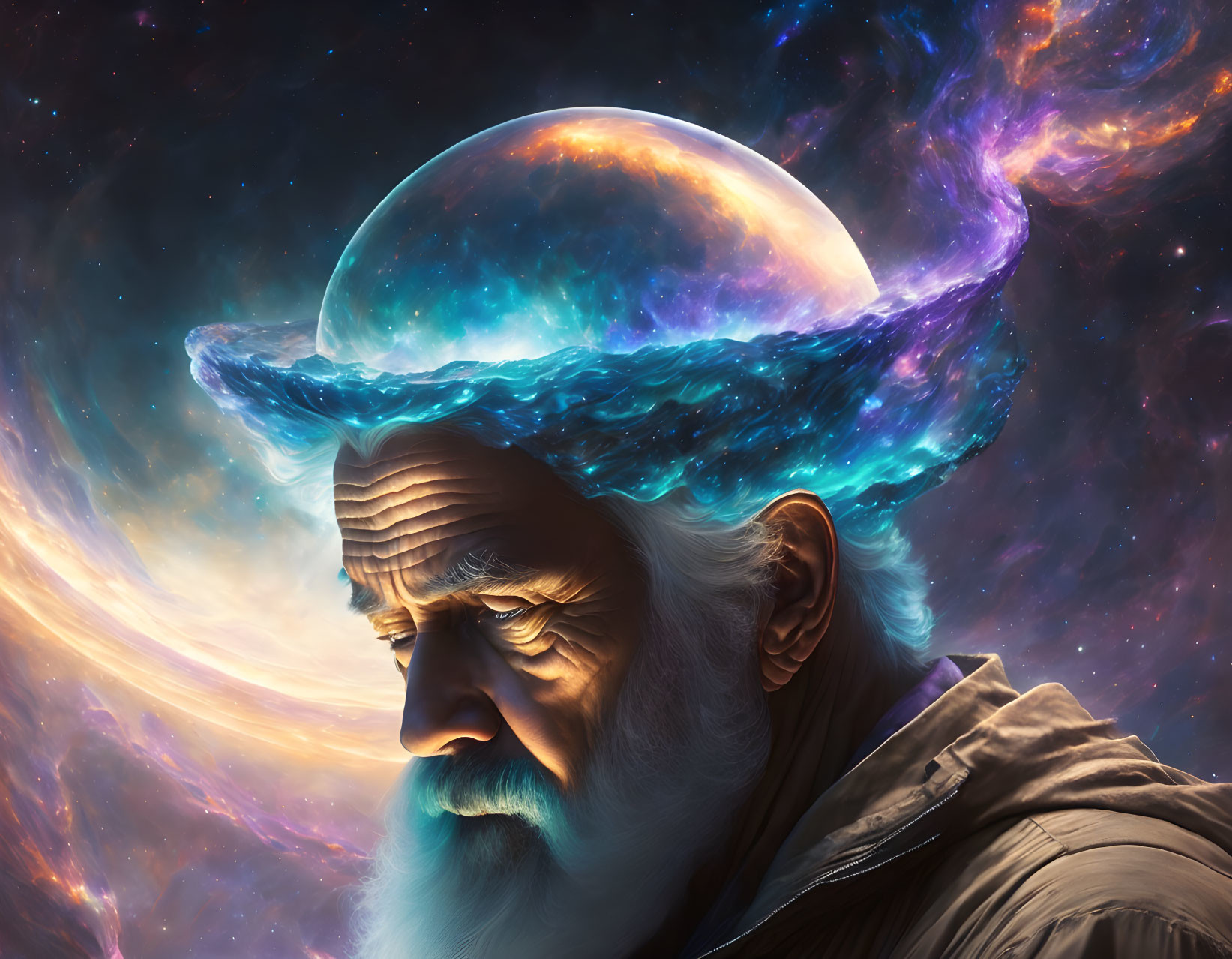 Elderly man wearing cosmic galaxy hat in star-filled nebula scene