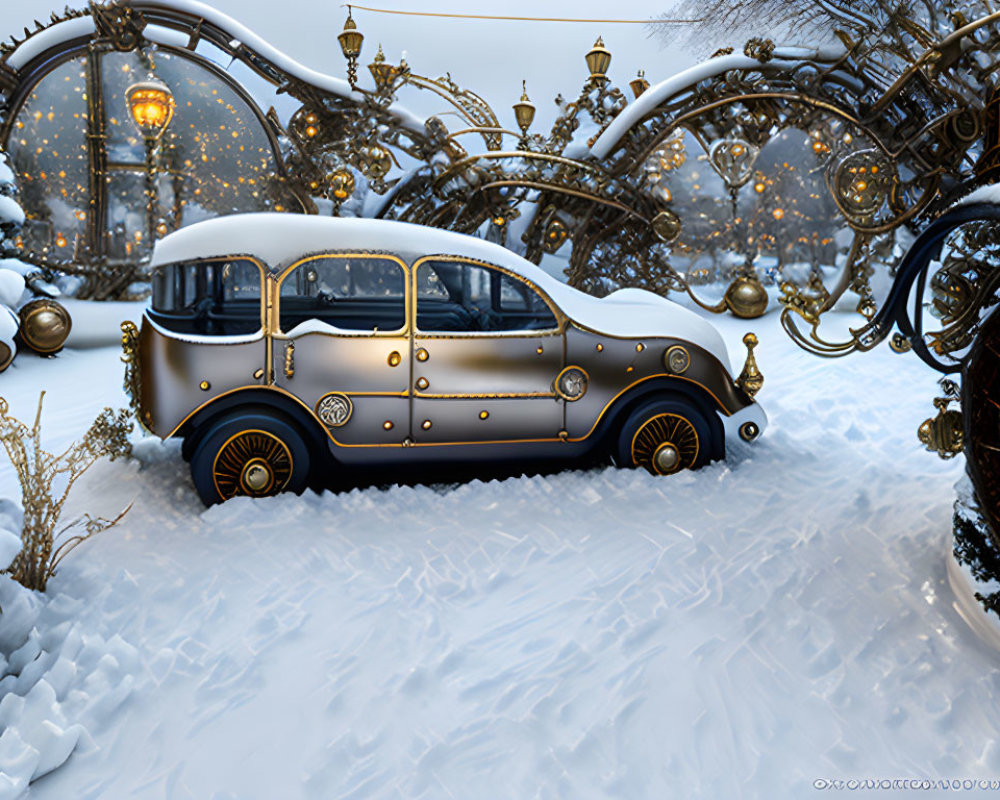 Classic Car in Snowy Scene with Round Windows and Christmas Decorations