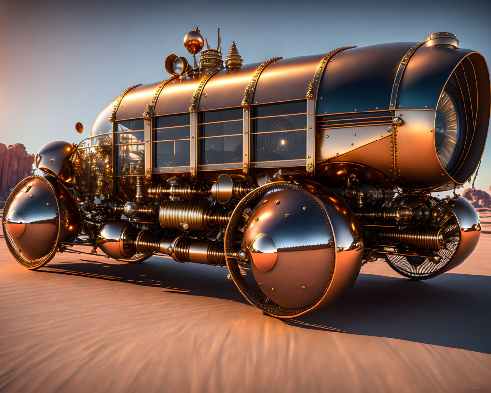 Steampunk-style vehicle with spherical wheels in sunset desert landscape