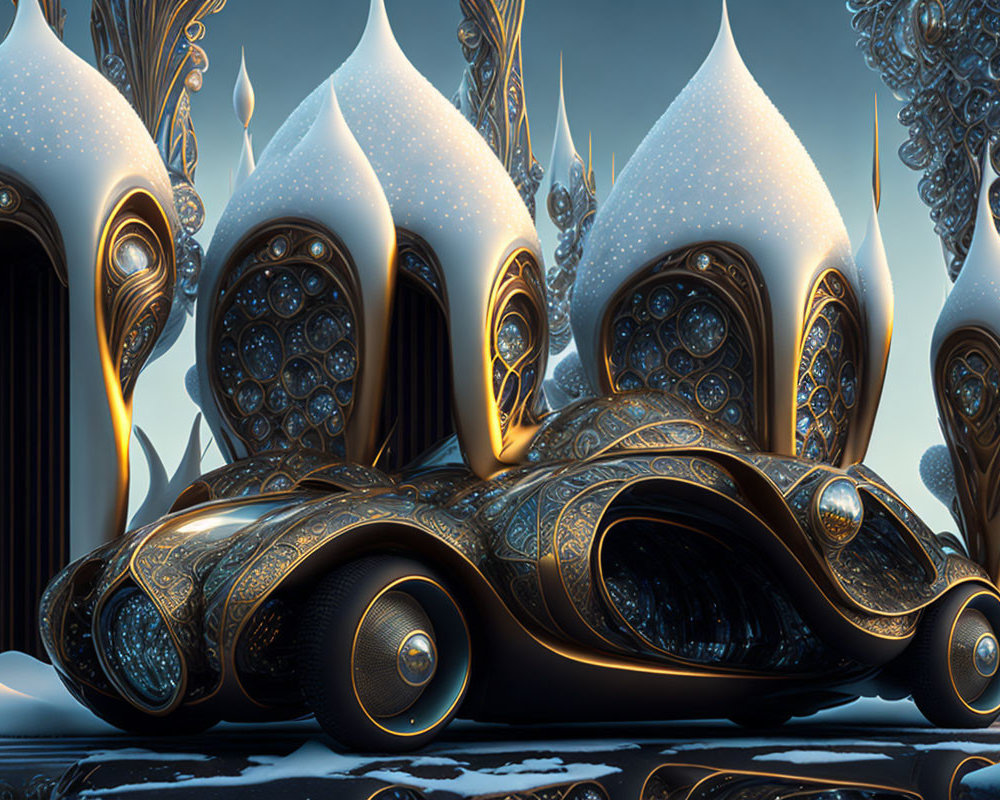 Golden Futuristic Vehicle in Ice-Capped Fantasy Landscape