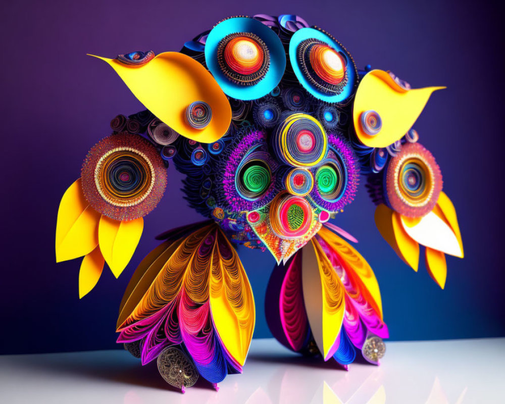 Colorful quilled paper owl with intricate swirling patterns