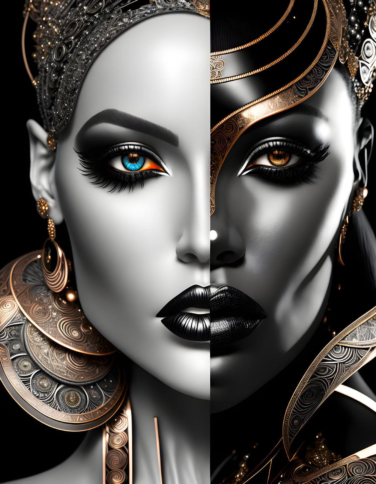 Stylized faces with ornate headpieces and earrings in silver and bronze tones