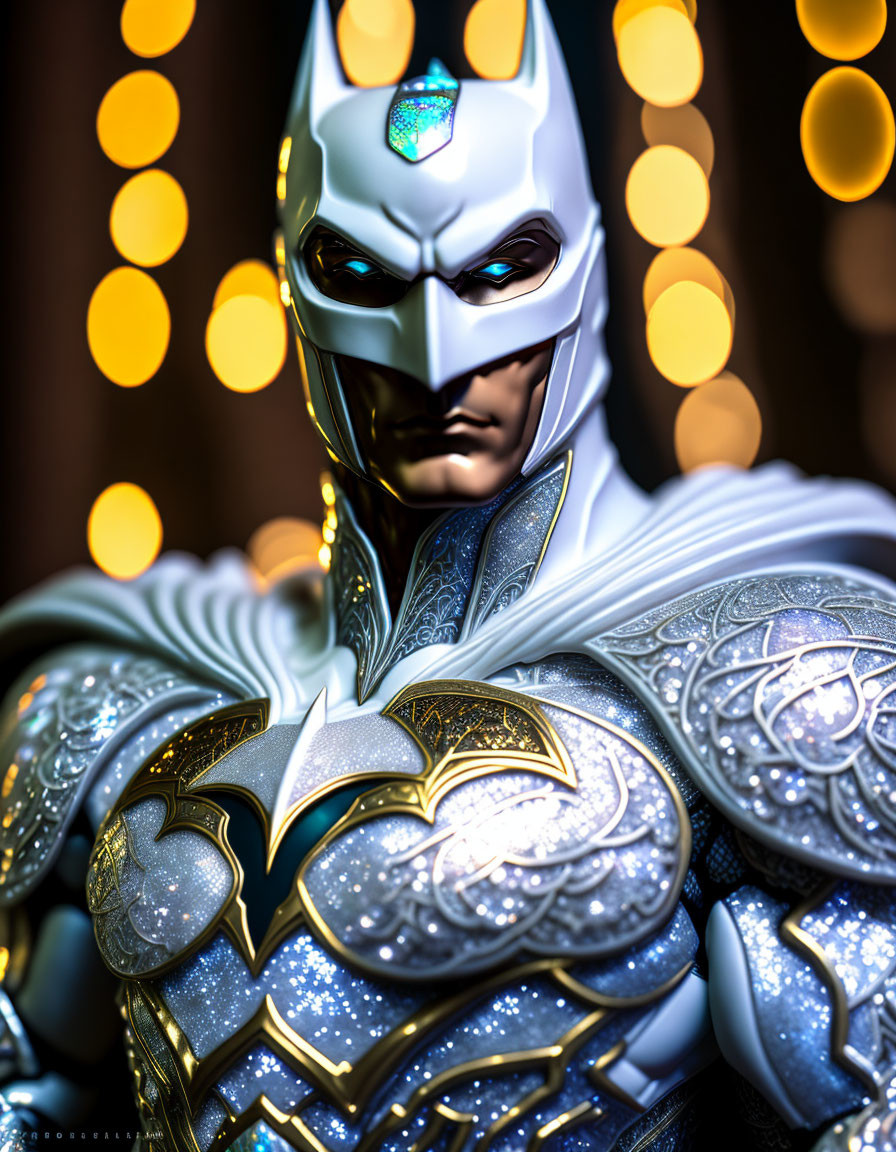 Detailed Batman figure in ornate armor with glowing eyes on bokeh light background