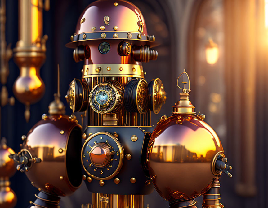 Detailed Steampunk Robot with Brass and Copper Tones
