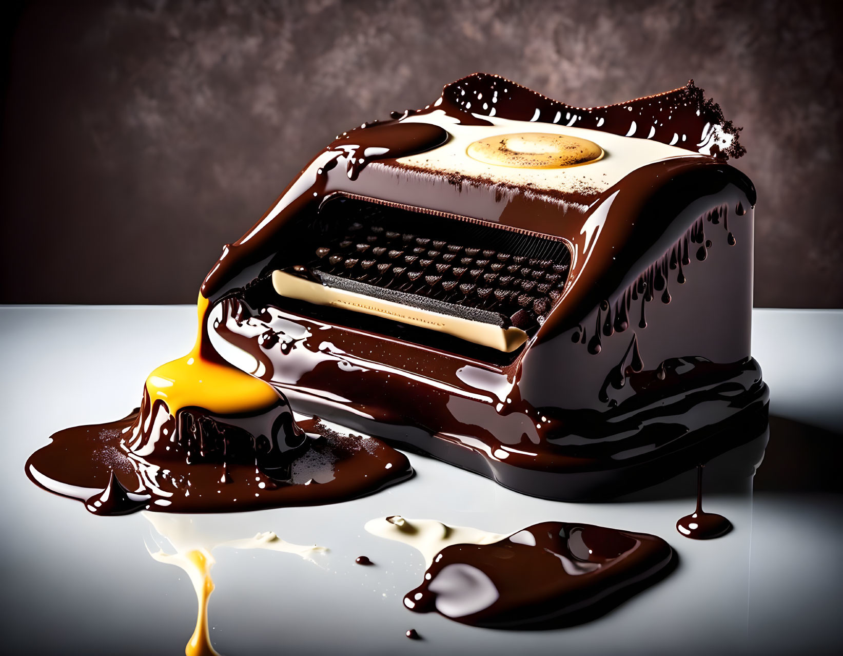 Vintage typewriter covered in chocolate and caramel on reflective surface with liquid sweets splash