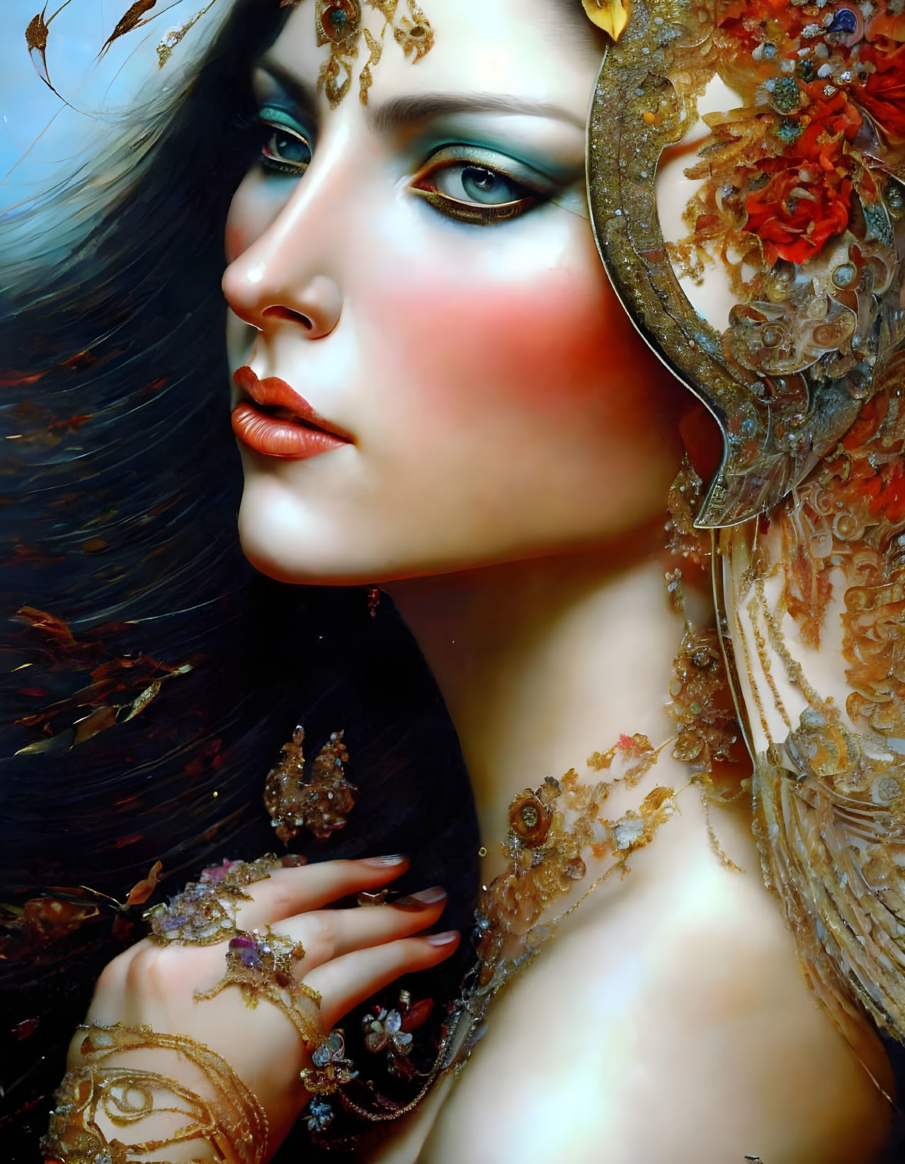 Detailed fantasy portrait of woman with ornate headpiece, vibrant makeup, and decorative motifs on skin against
