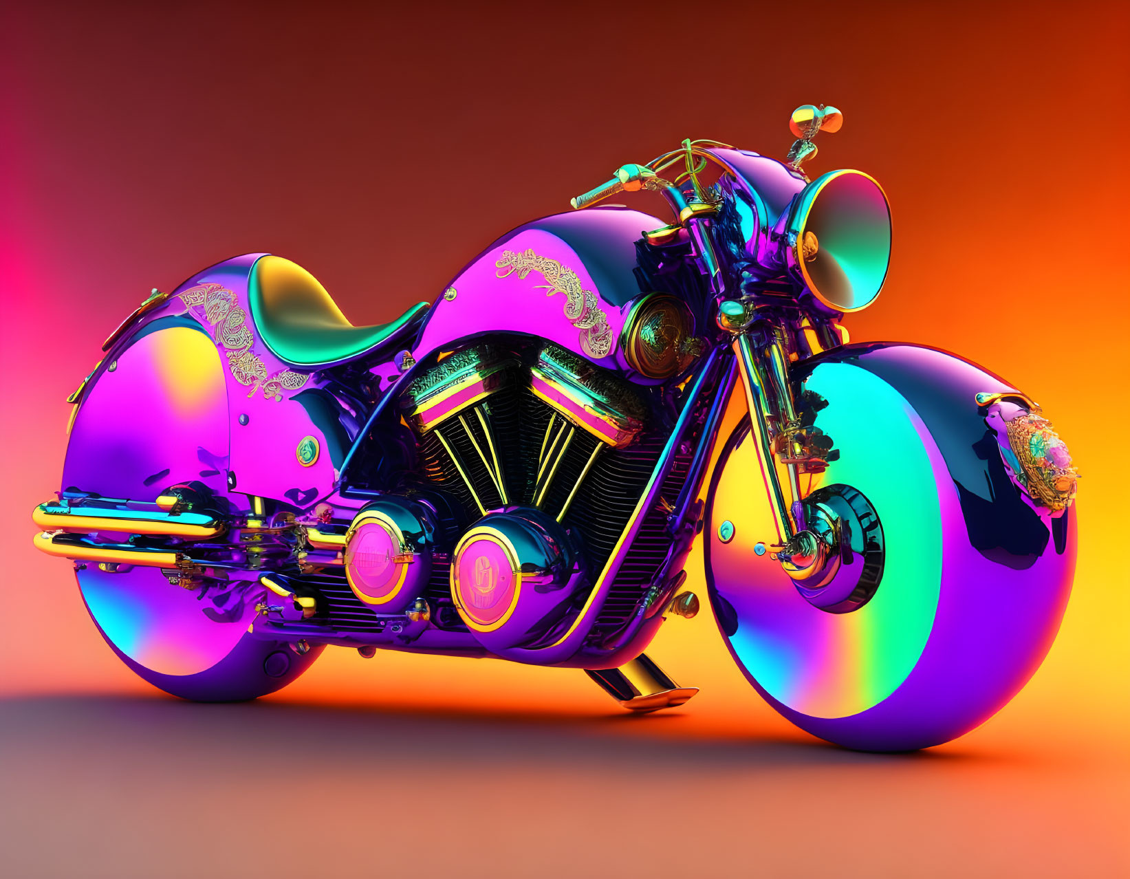 Colorful iridescent motorcycle with ornate details on gradient backdrop