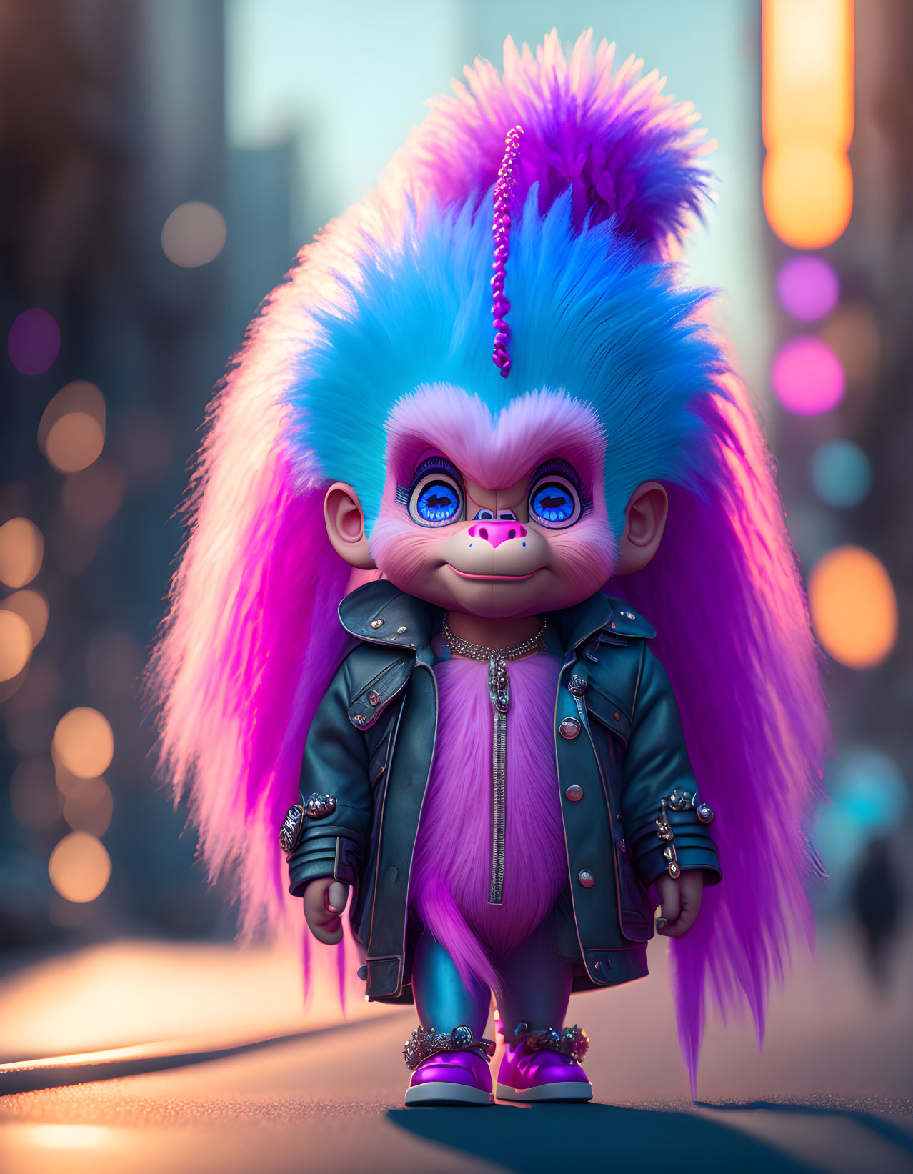 Colorful Troll doll with pink and blue hair in leather jacket on city road