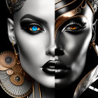 Stylized faces with ornate headpieces and earrings in silver and bronze tones