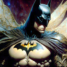 Detailed superhero with bat-like wings in black suit and golden belt