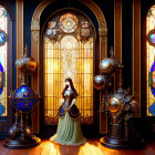 Woman in elegant gown in opulent steampunk room with stained glass windows