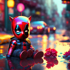 Colorful superhero figure in urban setting with flowers and wet street