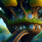 Fantastical tree with round windows in enchanted forest