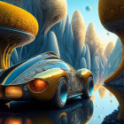 Ornate futuristic car in alien landscape with mushroom structures