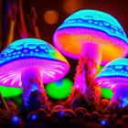 Neon Blue and Green Glowing Mushrooms in Dark Forest Scene